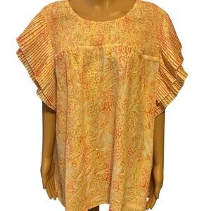 Kate & Mallory Blouse Top Sz 3X Flutter Sleeves Sheer Lined Yellow Peach Passant
